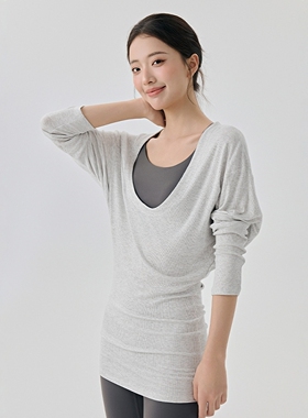 气质U领瑜伽普拉提训练运动长袖t恤罩衫女遮屁股蝙蝠袖瑜伽服上衣