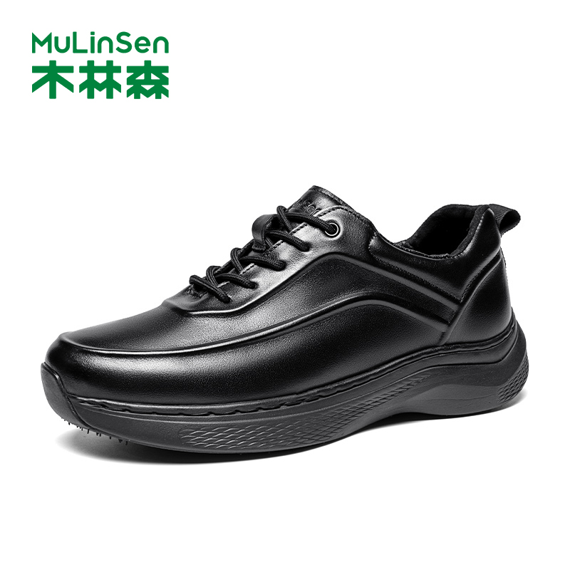 木林森冬季头层牛皮软底爸爸鞋
