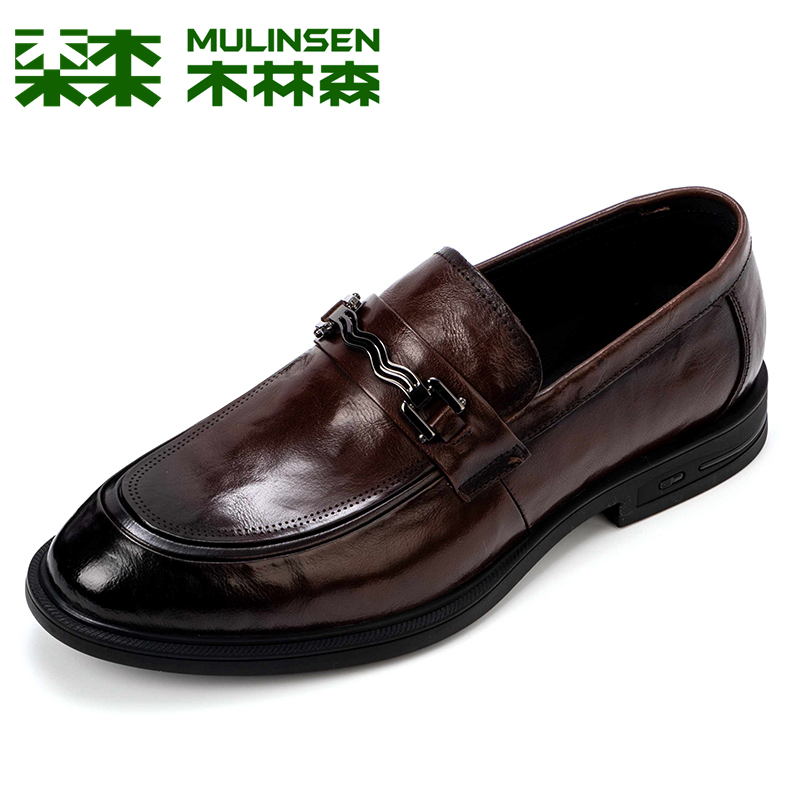 木林森春季2025新款头层牛皮男士时尚商务皮鞋软皮套脚结婚男鞋