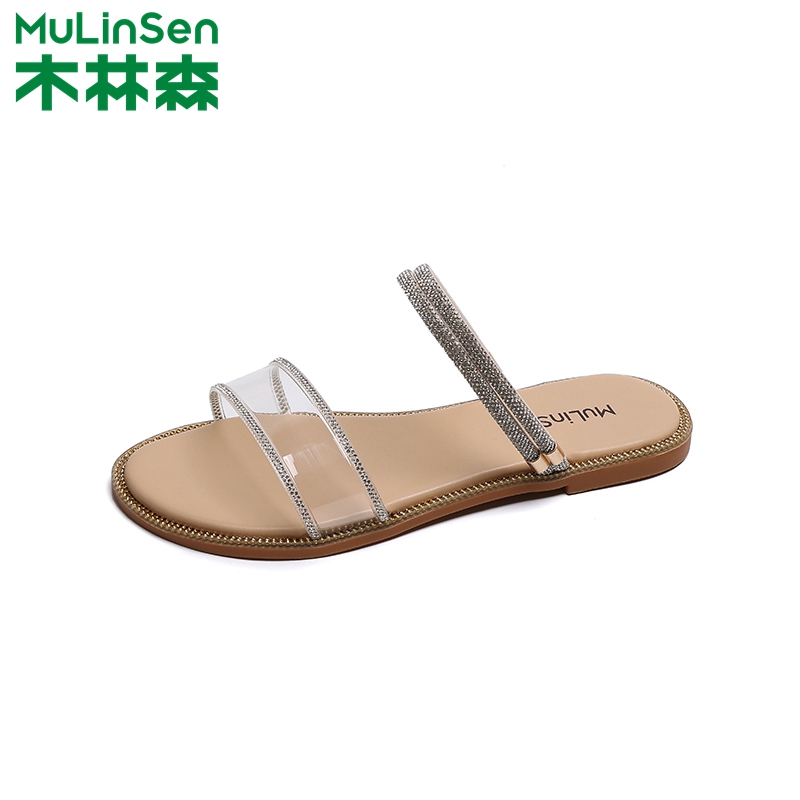 木林森平底凉鞋一字带水钻凉拖鞋