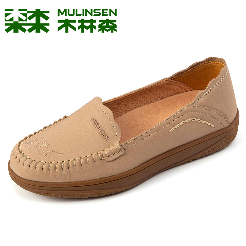 木林森牛筋底妈妈鞋休闲皮鞋
