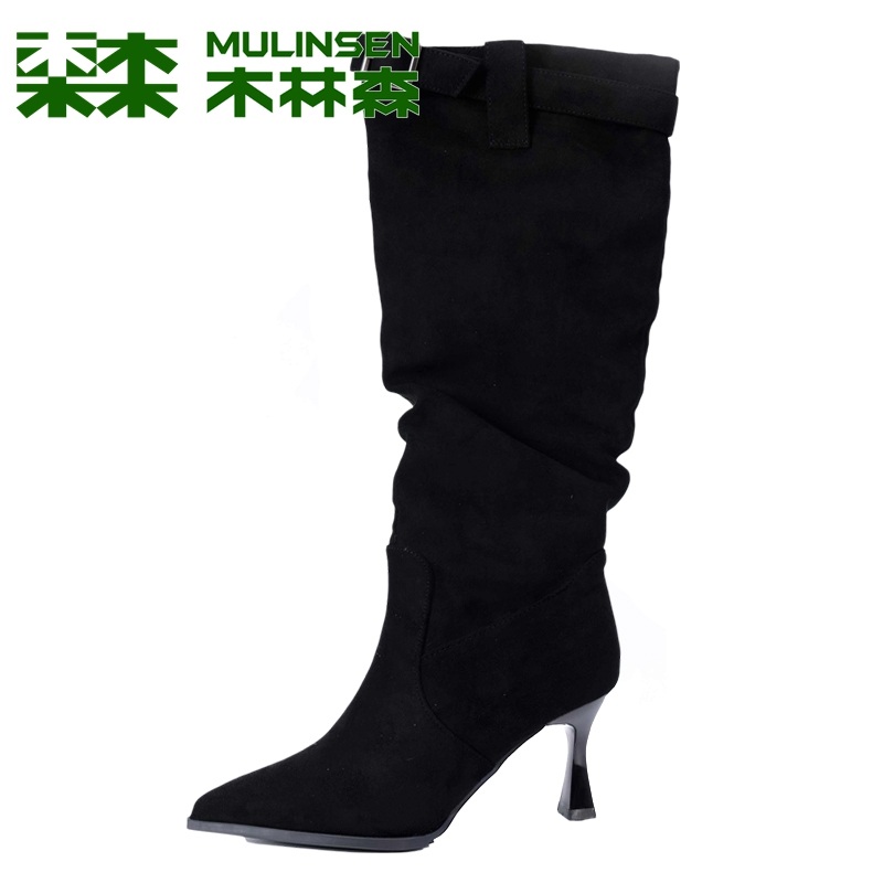 木林森女高跟褶皱弹力长靴