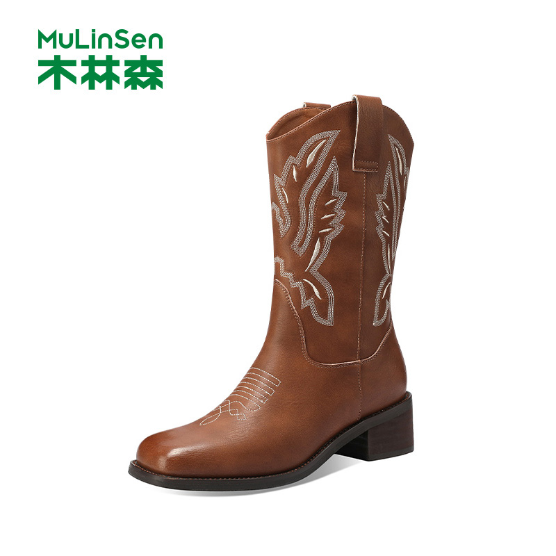 木林森中筒靴女棕色套筒刺绣女靴