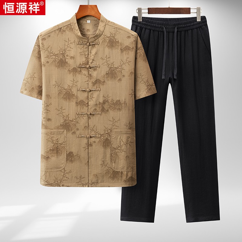 恒源祥桑蚕丝唐装夏季短袖套装爸爸装中国风亚麻衣服中老年爷爷装