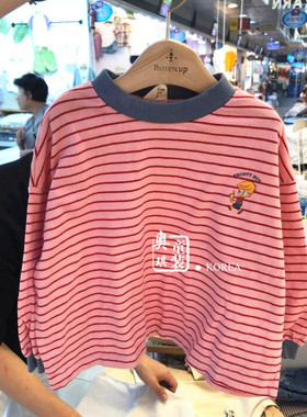 现货韩国进口童装秋装新男童女童条纹T恤衫儿童卡通T恤b021p