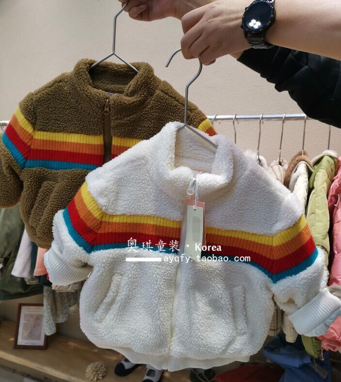 现货韩国进口童装舒适绒绒外套冬装新款男童女童拼色棉衣棉服