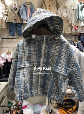 现货韩国进口童装春装新男童女童格子连帽外套儿童外套l003k