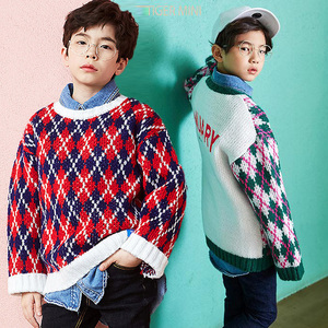 现货韩国进口童装中大童毛衣 秋装男童女童菱格针织衫t014i