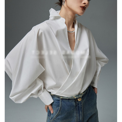 随性博主风时髦简约舒适休闲斜襟上衣挺括有型纯色衬衫女春秋