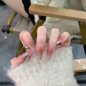 纯欲风新款手工穿戴甲高级清冷感灰蓝腮红晕染少女美甲成品甲片贴