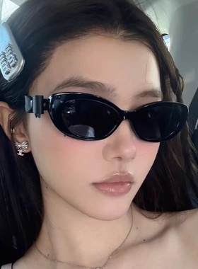 2025新款猫眼太阳镜小香风皮料蝴蝶结墨镜女猫眼窄框韩系感