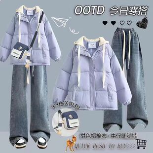 女大童少女冬季新款宽松慵懒风加厚棉服假两件外套加绒牛仔裤套装