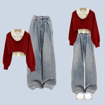 新年衣服女初高中学生过年套装秋冬本命年红色毛衣盐系穿搭一整套