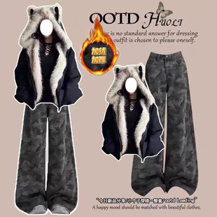 美式连帽超火棉服女穿搭一整套秋冬季初高中学生外套裤子两件套装