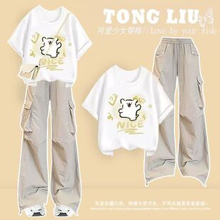 初中生夏天少女显白小清新短袖t恤学生超火巨好看工装裤两件套装