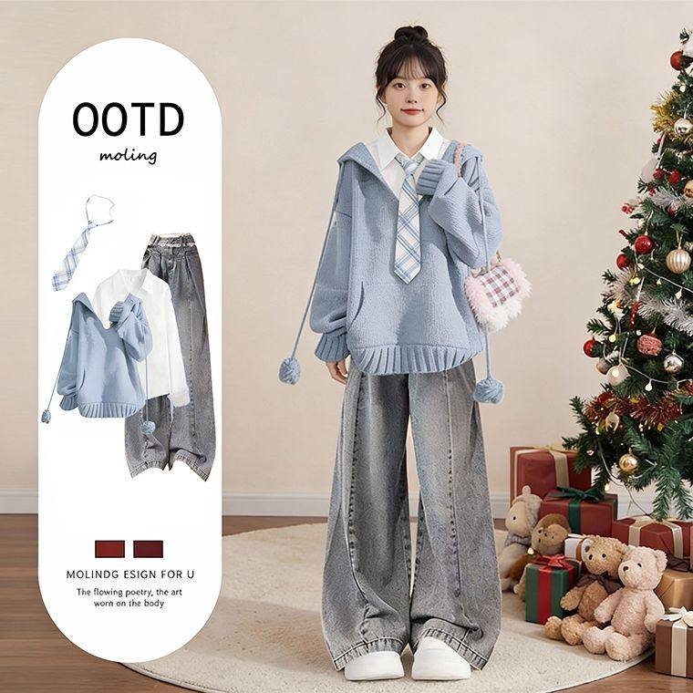 冬季少女15高初中学生16马甲学院风毛衣套装17女孩18岁大童三件套