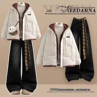 初中生少女秋冬套装加厚保暖外套棉服初中学生学院风牛仔裤两件套