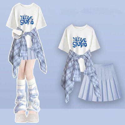 12到13一15岁大童女装夏季套装初中学生少女衬衫短袖百褶裙三件套