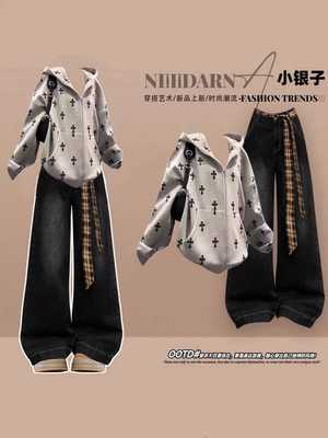 秋冬ootd巨好看的韩系休闲加绒卫衣外套一整套又酷又飒穿搭牛仔裤