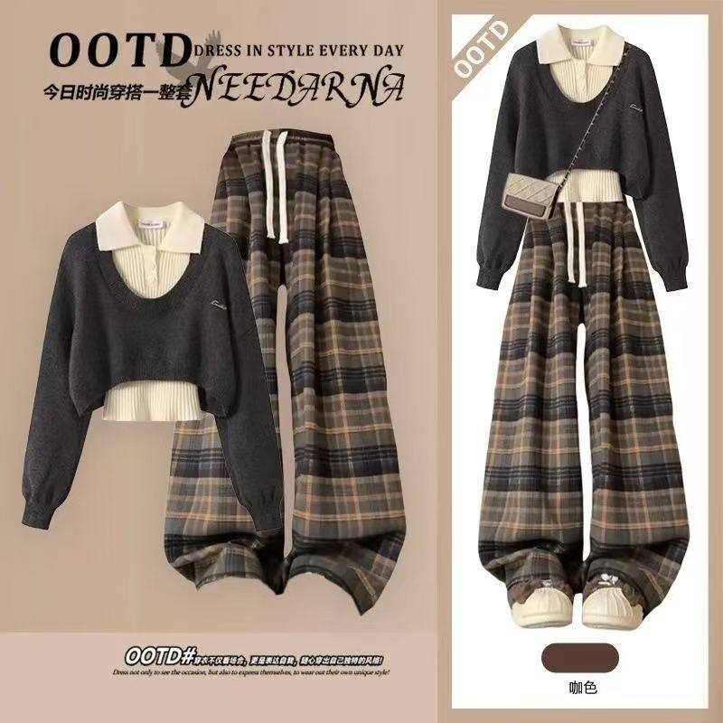 春季女学院风毛衣内搭套装秋冬2024新款初高中学生格子裤三件套装,女装/女士精品,时尚套装,淘宝优惠券,粉丝福利购,淘宝优惠卷