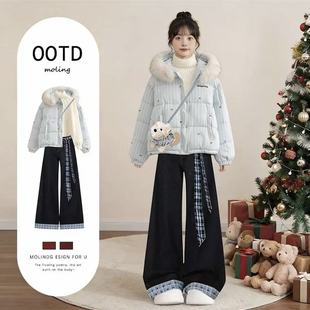 2025少女冬装新款高中生学院风羽绒棉服外套炸街牛仔裤两件套装潮