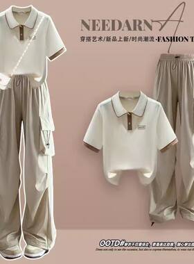 夏装纯棉上衣高中初中学生女生一套衣服短袖T恤工装裤子两件套装1