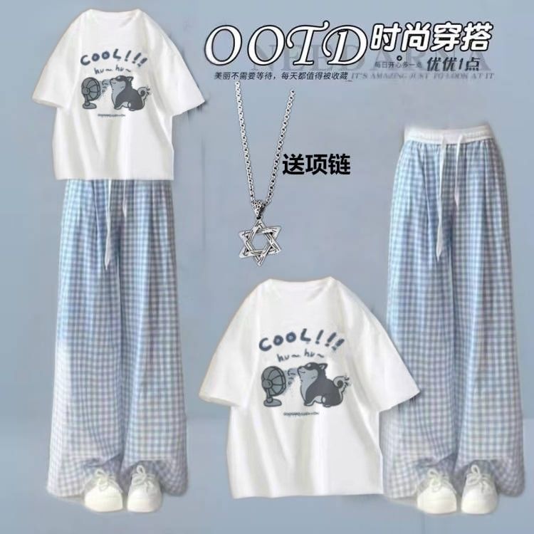 初中生夏季女12少女大童网红短袖15岁高中学生时尚女孩格子裤套装