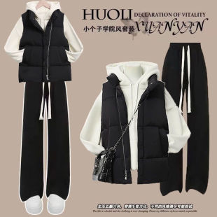 2024秋冬套装宽松学院风女生马甲棉服+连帽卫衣+休闲裤三件套整套