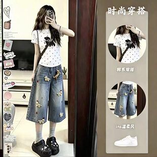 初中生夏天少女盐甜短袖t恤学生学院风七分牛仔裤百搭两件套装ins