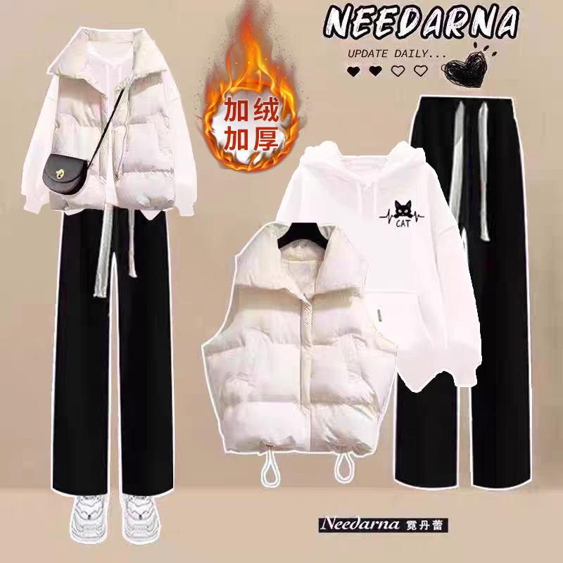 秋冬装搭配一整套女大童初中高中学生百搭加绒卫衣马甲休闲裤套装