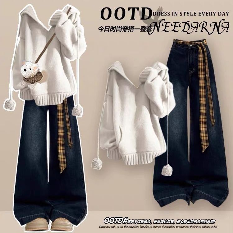 少女套装12-18岁初中学生13秋冬韩版甜酷慵懒风毛衣牛仔裤两件套1