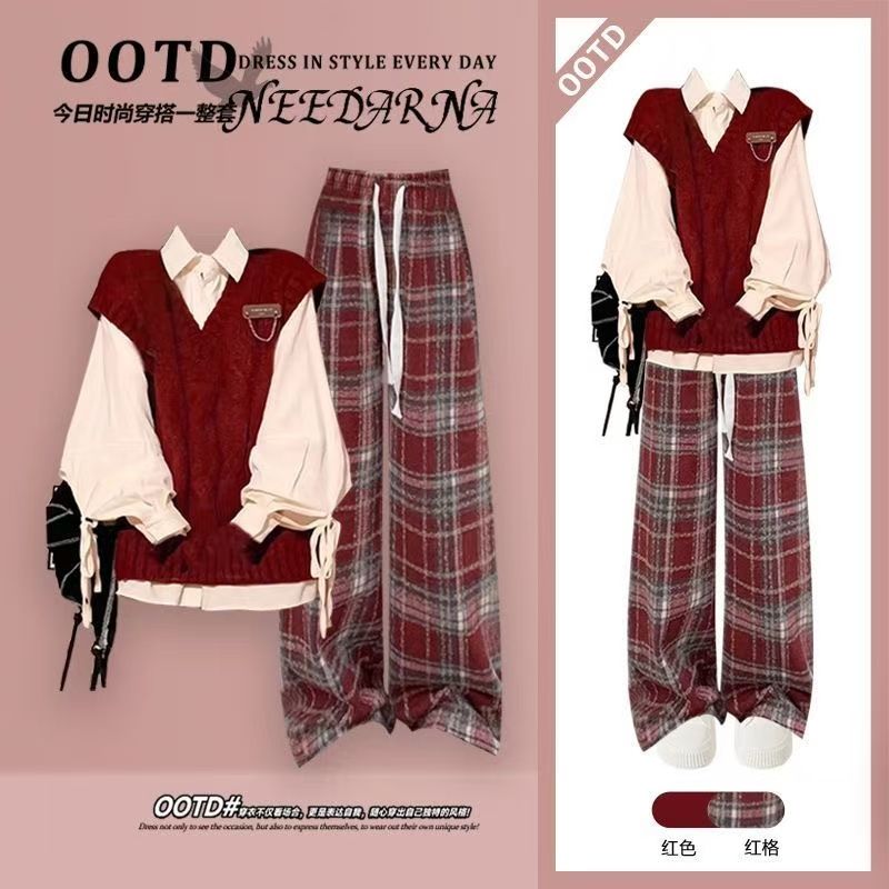 15少女学生秋冬衬衫马甲套装女12-13岁大童14初中生格子裤三件套