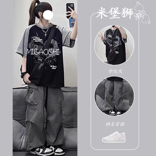 女纯棉短袖 2025网红初中生时尚 青少年中学生夏装 套装 女孩套装 夏季