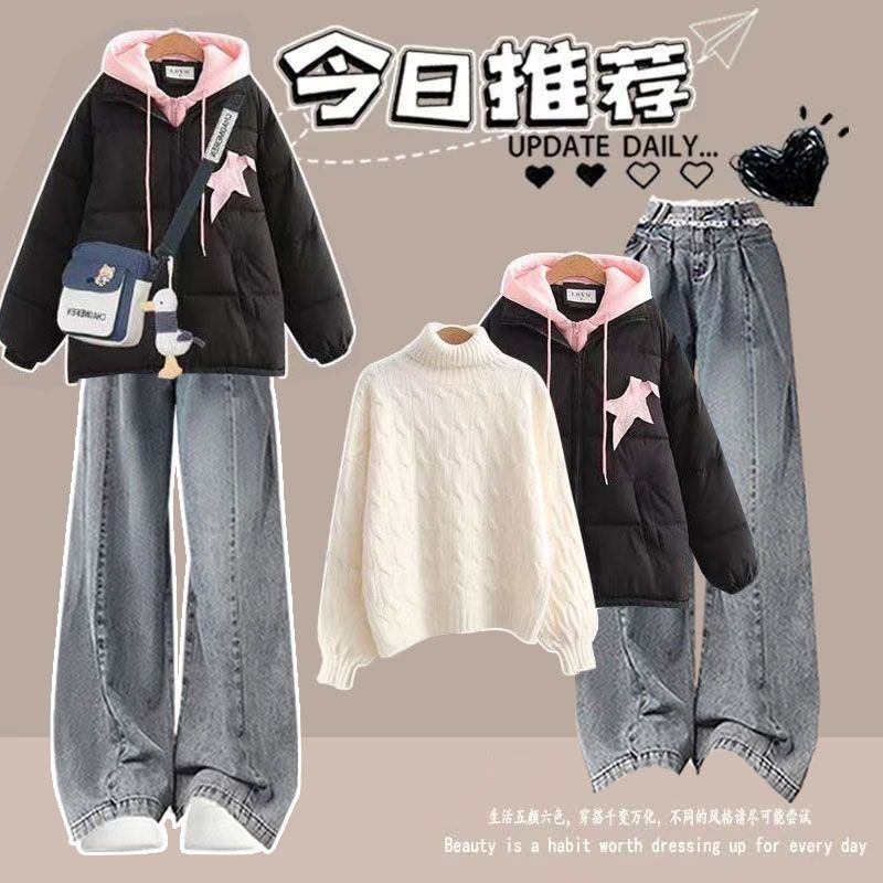 秋冬装搭配一整套女大童初中高中学生百搭羽绒棉服毛衣牛仔裤套装