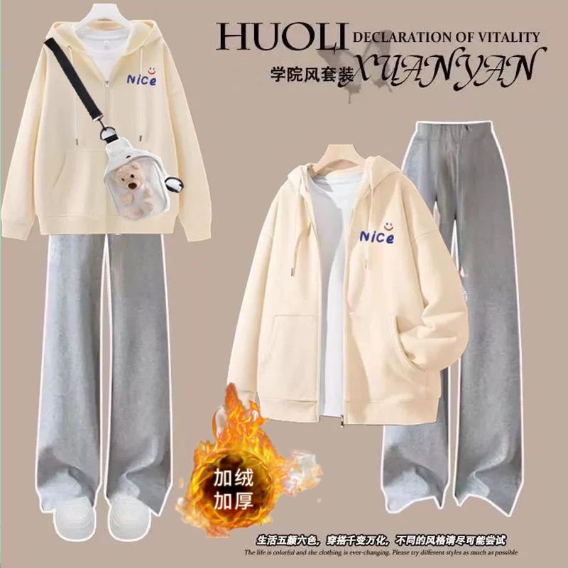 2024少女新款高中学生学院风宽松休闲卫衣三件套初中时秋冬女套装