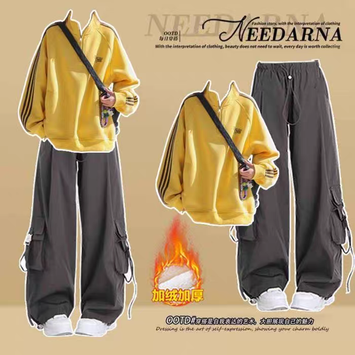 春秋初中女生休闲运动套装高中学生少女学院风卫衣秋冬加绒两件套