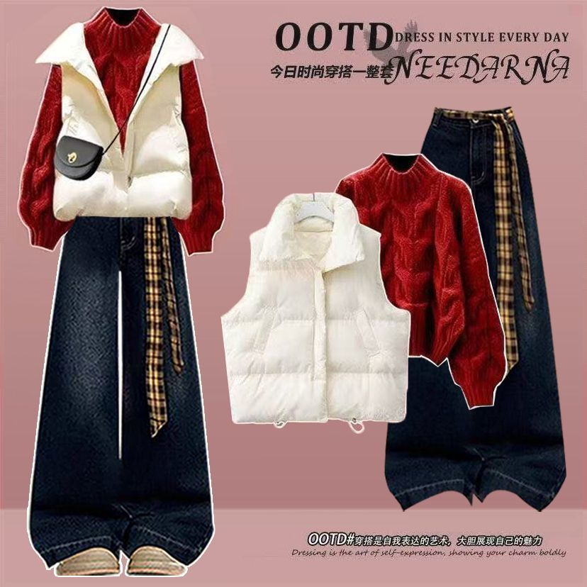 15少女秋冬毛衣马甲外套13岁一整套初中学生14-17女孩牛仔裤套装