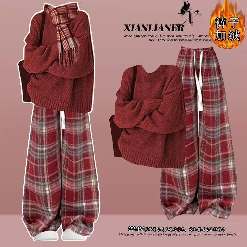 秋冬季ootd穿搭韩系红色毛衣巨好看的秋装一整套装大方得体格子裤