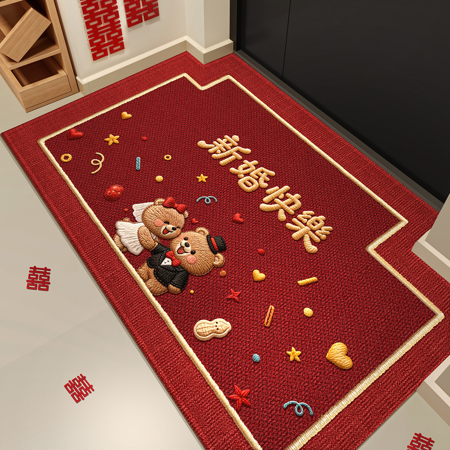 结婚入户门地垫红色喜庆中式脚垫新婚家用进门地毯垫门口防滑门垫