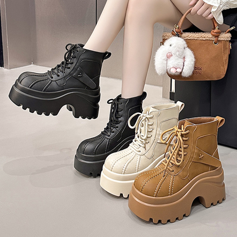 厚底马丁靴女贝壳头加绒松糕短靴