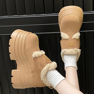 加绒厚底乐福鞋女2025冬季新款增高10cm小个子毛毛鞋加厚保暖棉鞋