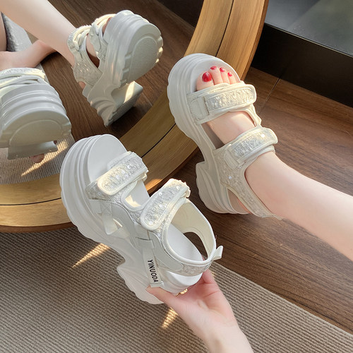 厚底亮片凉鞋女魔术贴松糕罗马鞋
