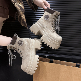 厚底粗跟马丁靴女英伦风2025秋季 大黄靴增高9cm复古瘦瘦短靴 新款