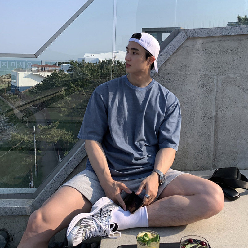 美式复古做旧水洗牛仔蓝短袖T恤