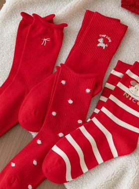 马年红色袜子本命年女中筒秋冬保暖日系可爱卡通新年过年袜结婚