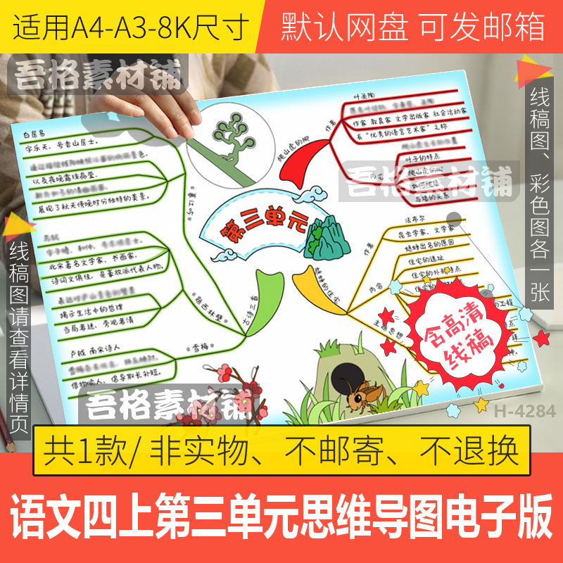 人教版语文四年级上册第三单元思维导图手抄报模版电子版黑白描稿