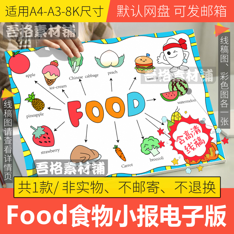 英语食物手抄报模板电子版a3小学生food思维导图手抄报线稿a48k