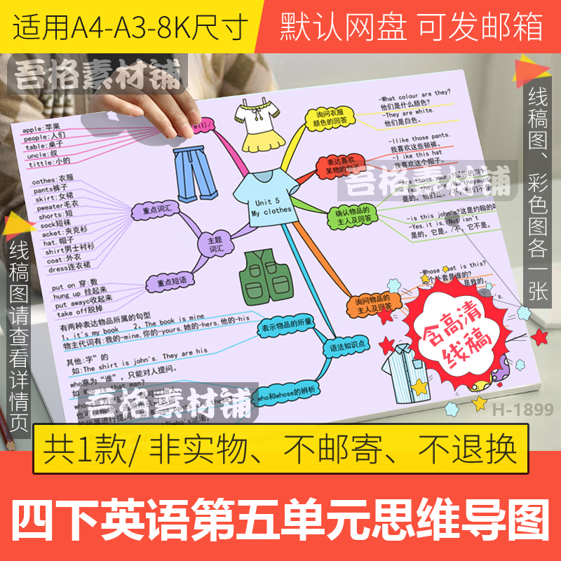 人教pep英语四下第五单元思维导图我的衣服手抄报模板电子版线稿