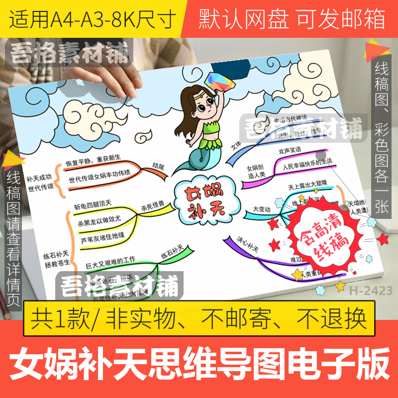 女娲补天思维导图手抄报模板电子版中国古代神话故事手抄报线稿A3