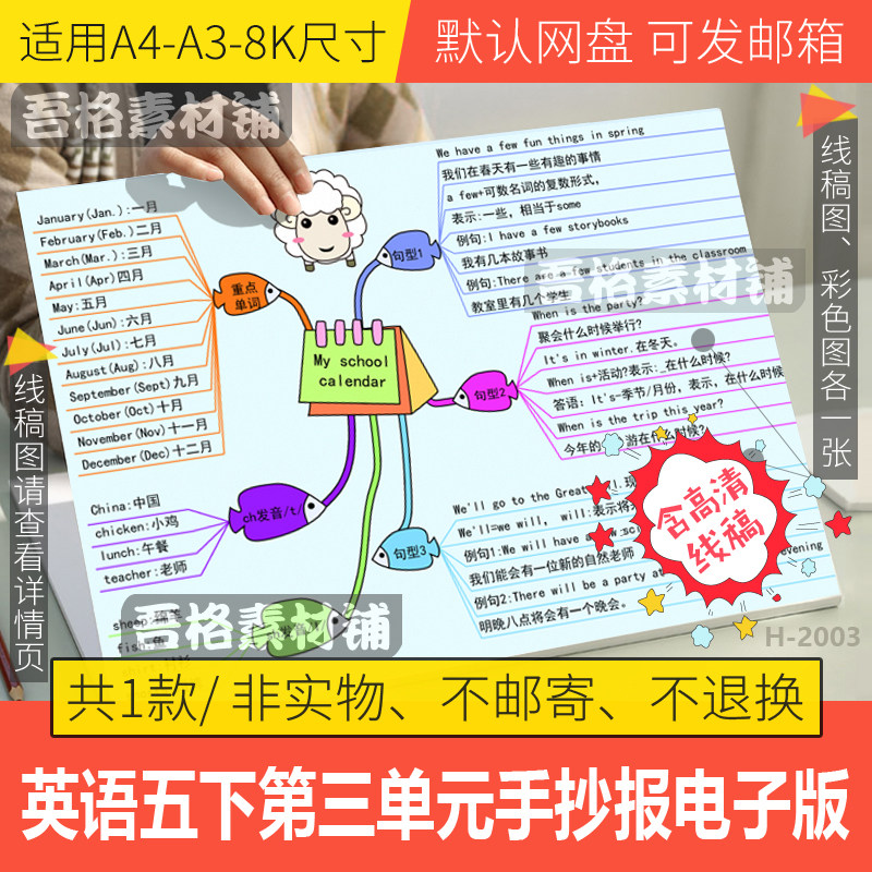 人教pep英语五年级下册三单元校历英语思维导图手抄报模板电子版